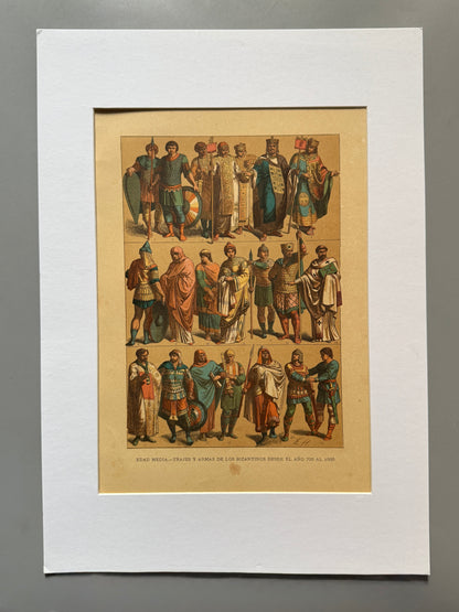 Cromolitografía trajes y armas de los bizantinos - Historia del traje. Montaner y Simón ca. 1890