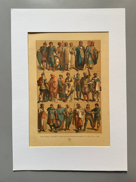 Cromolitografía trajes y armas de los bizantinos - Historia del traje. Montaner y Simón ca. 1890