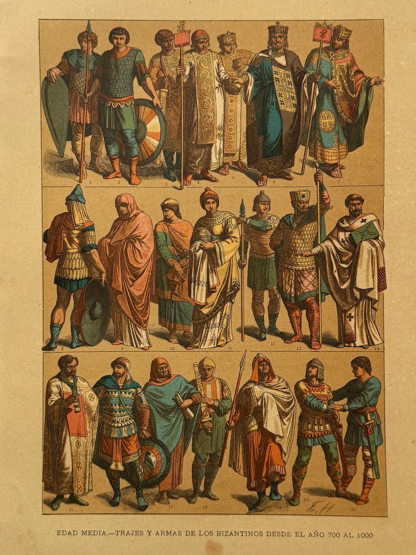 Cromolitografía trajes y armas de los bizantinos - Historia del traje. Montaner y Simón ca. 1890