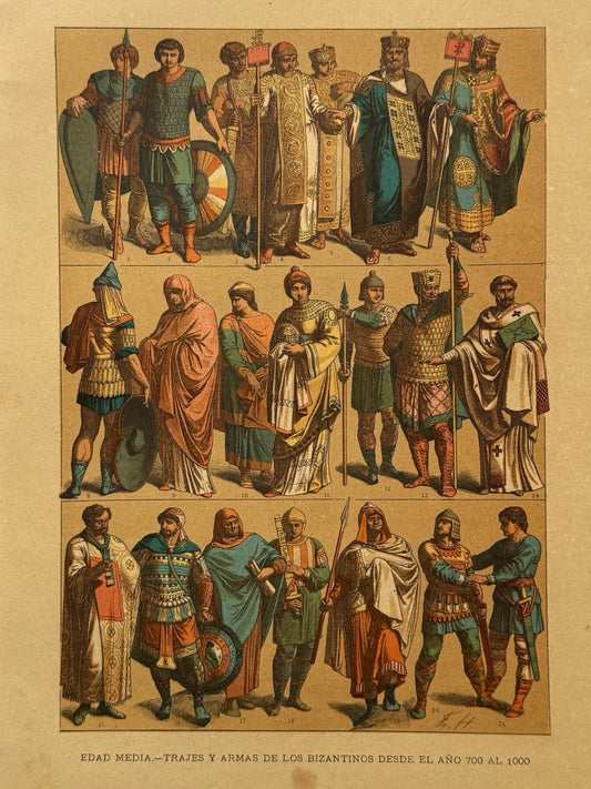 Cromolitografía trajes y armas de los bizantinos - Historia del traje. Montaner y Simón ca. 1890