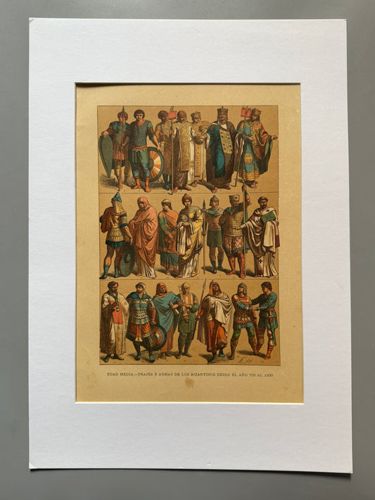 Cromolitografía trajes y armas de los bizantinos - Historia del traje. Montaner y Simón ca. 1890