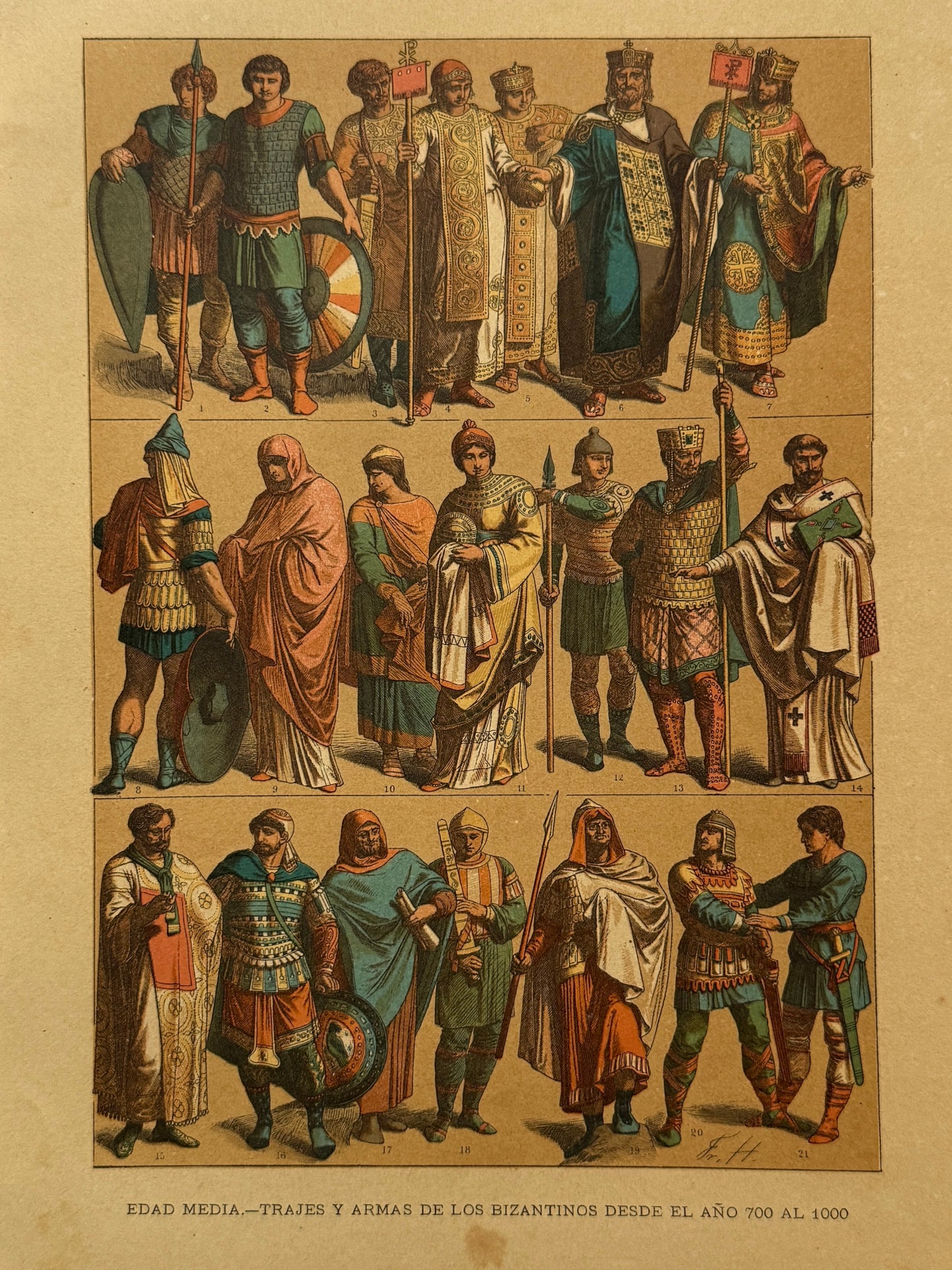 Cromolitografía trajes y armas de los bizantinos - Historia del traje. Montaner y Simón ca. 1890