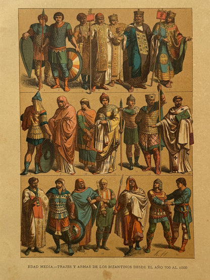 Cromolitografía trajes y armas de los bizantinos - Historia del traje. Montaner y Simón ca. 1890