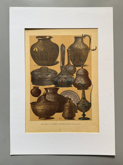 Cromolitografía vasijas de metal de la India - Historia general del arte. Montaner y Simón ca. 1890