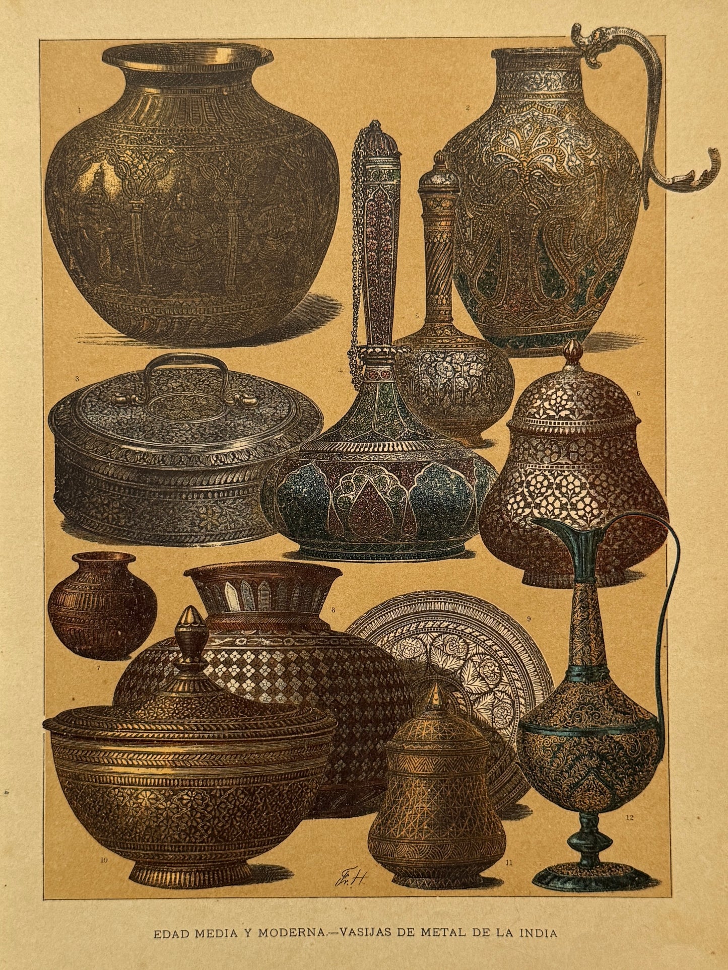 Cromolitografía vasijas de metal de la India - Historia general del arte. Montaner y Simón ca. 1890