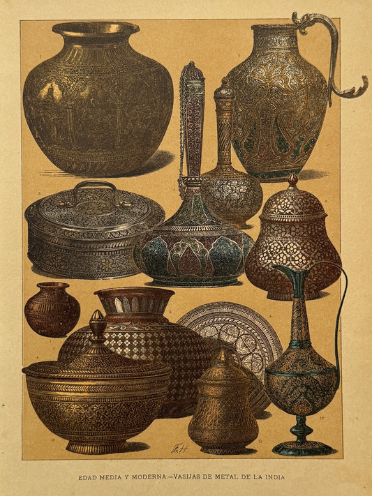 Cromolitografía vasijas de metal de la India - Historia general del arte. Montaner y Simón ca. 1890