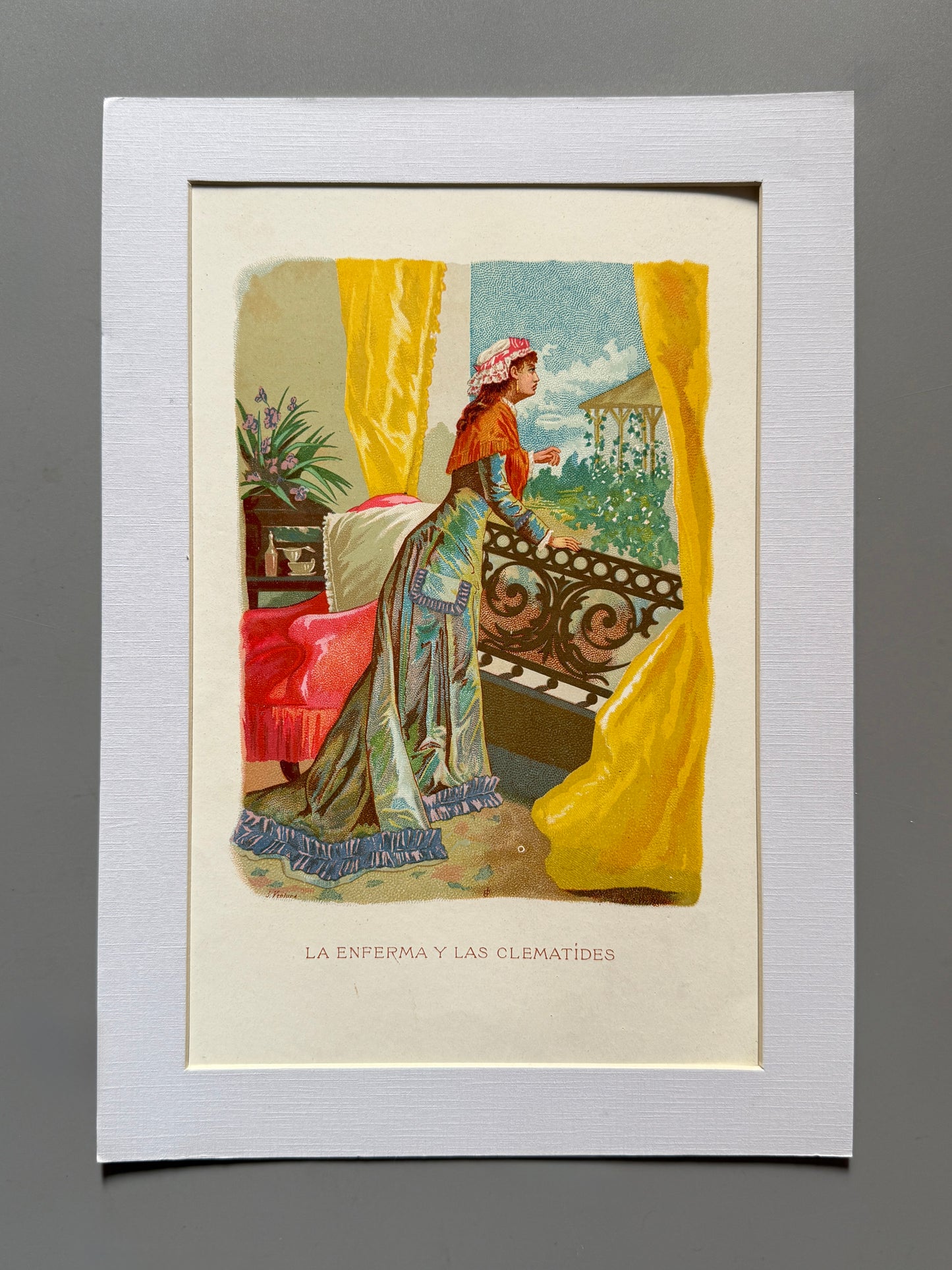 Cromolitografía "La enferma y las clematídes" - La vida de las flores, 1878