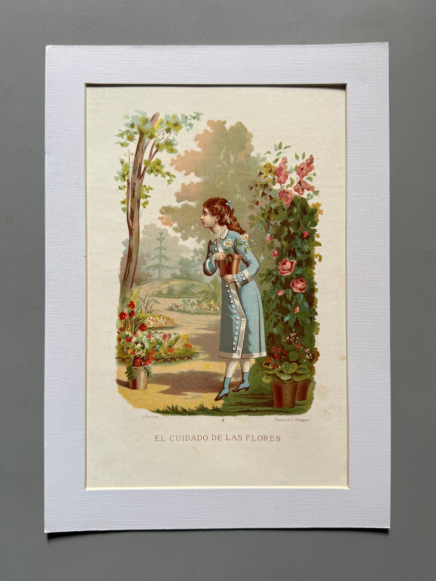 Cromolitografía "El cuidado de las flores" - La vida de las flores, 1878