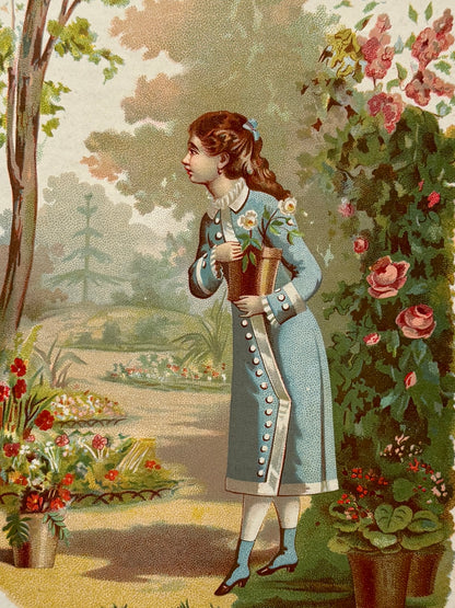 Cromolitografía "El cuidado de las flores" - La vida de las flores, 1878