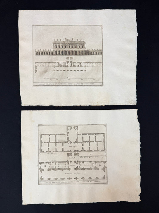 Dos grabados Palacio Albani. Planta y alzado - Calcografia degli edifizj di Roma, 1779