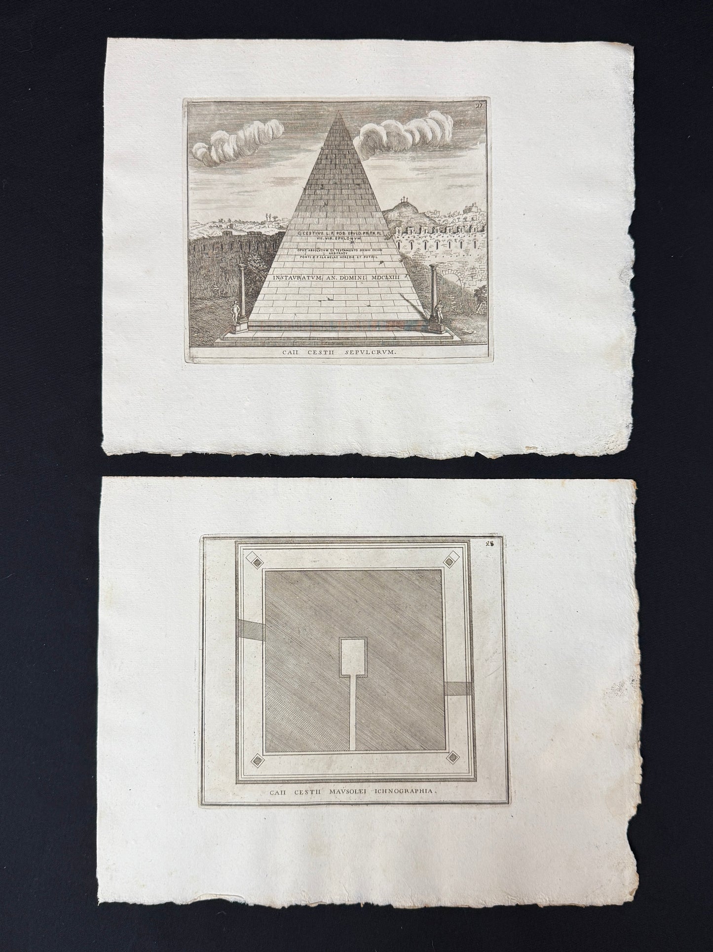 Dos grabados Tumba de Cayo Celestio. Planta y alzado - Calcografia degli edifizj di Roma, 1779