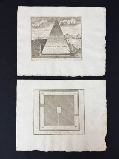 Dos grabados Tumba de Cayo Celestio. Planta y alzado - Calcografia degli edifizj di Roma, 1779