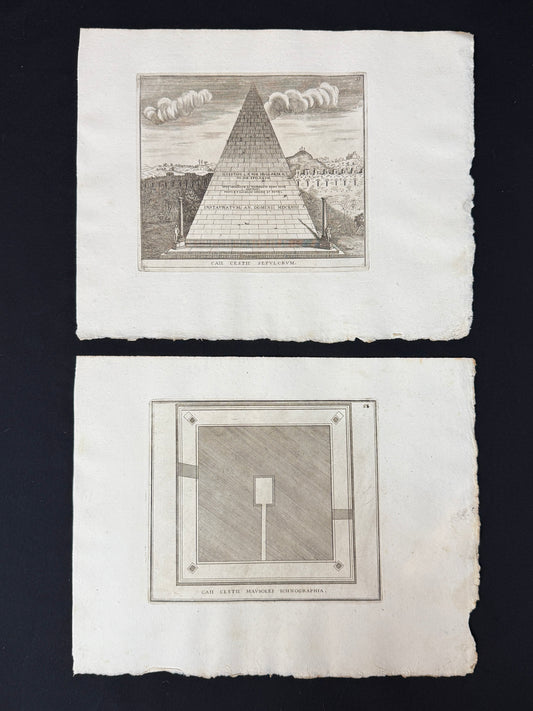 Dos grabados Tumba de Cayo Celestio. Planta y alzado - Calcografia degli edifizj di Roma, 1779
