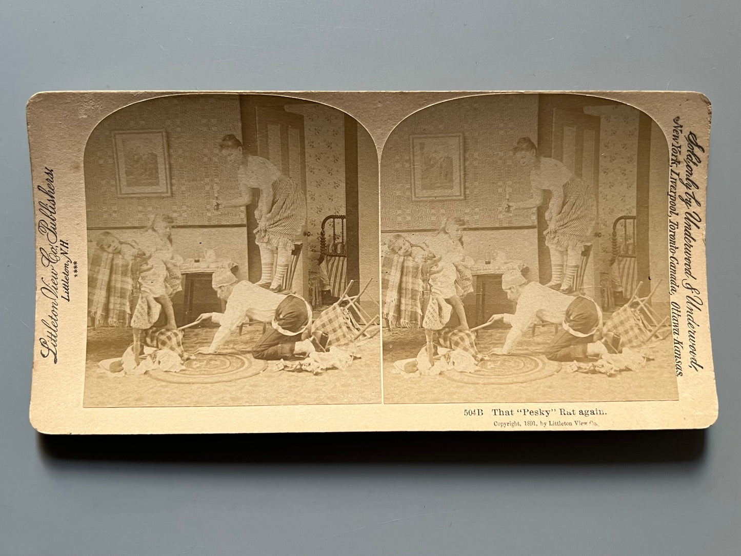 "That Pesky rat again", fotografía estereoscópica de teatro - Littleton View Co, ca. 1891