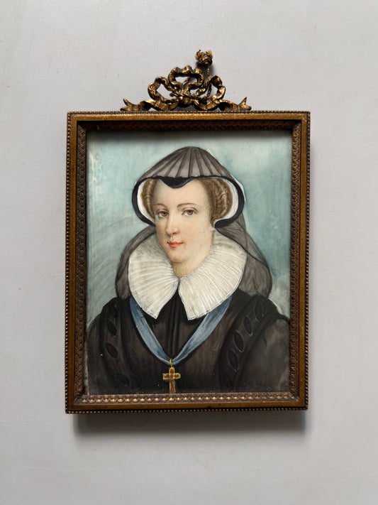 Miniatura retrato de María Estuardo en acuarela sobre marfil - Siglo XIX