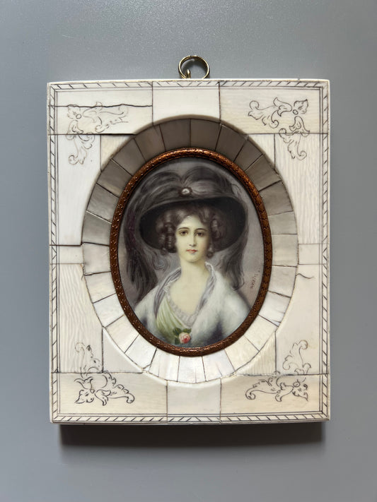 Miniatura retrato de dama al óleo o gouache, firmado por Weltin - Siglo XIX