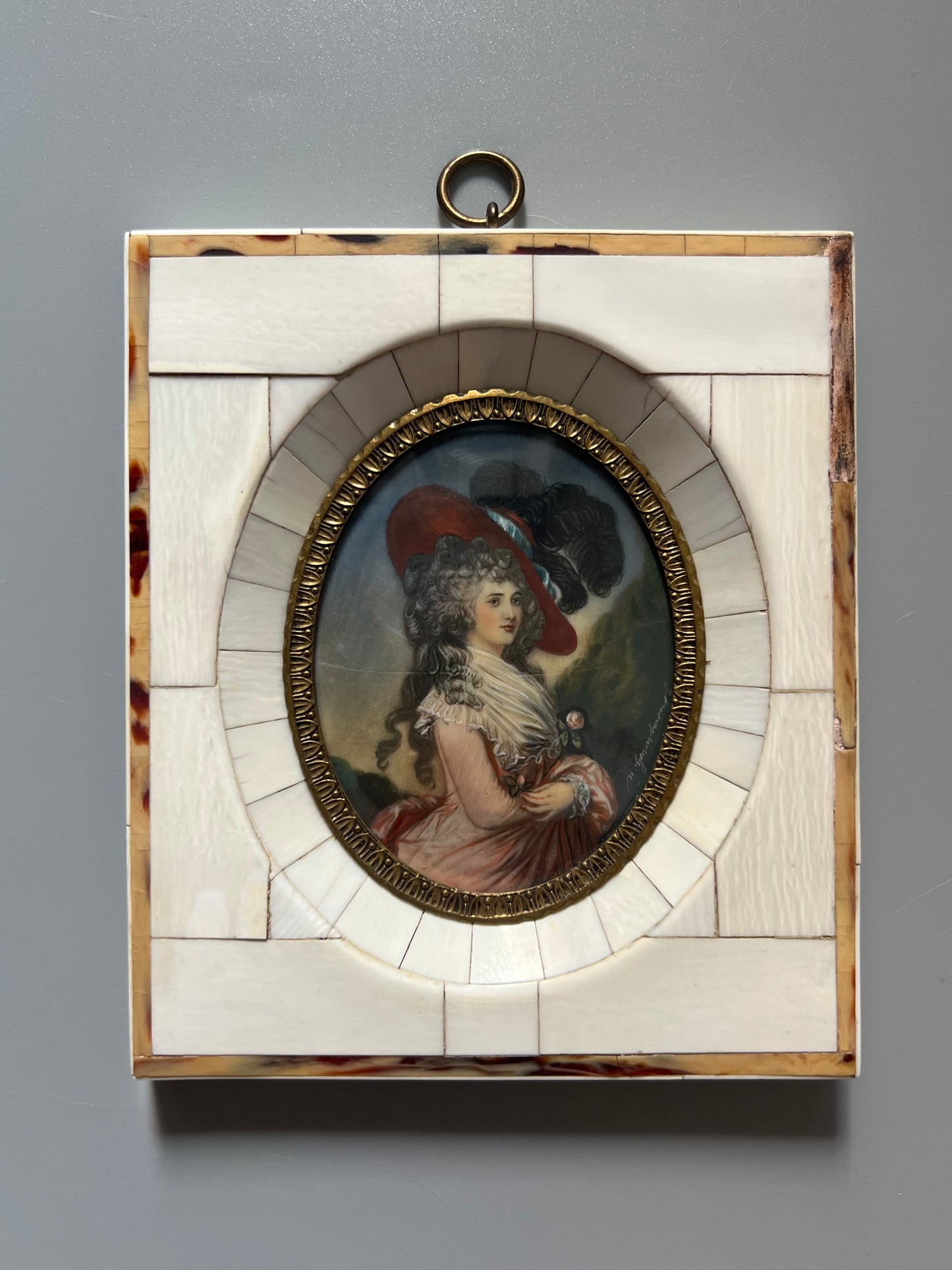 Miniatura retrato la marquesa de Moulesson al óleo o gouache, firmado por M. Gainsborough- Siglo XIX