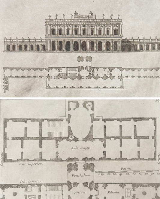 Dos grabados Palacio Albani. Planta y alzado - Calcografia degli edifizj di Roma, 1779